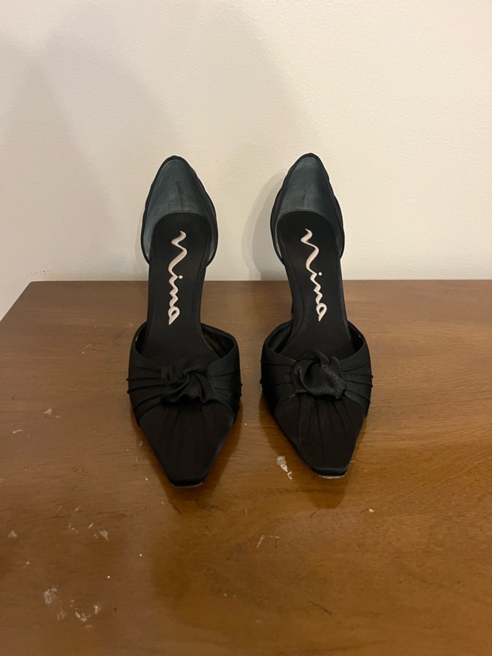Nina Satin Black Pointed Toe Heels - Picture 2 of 8